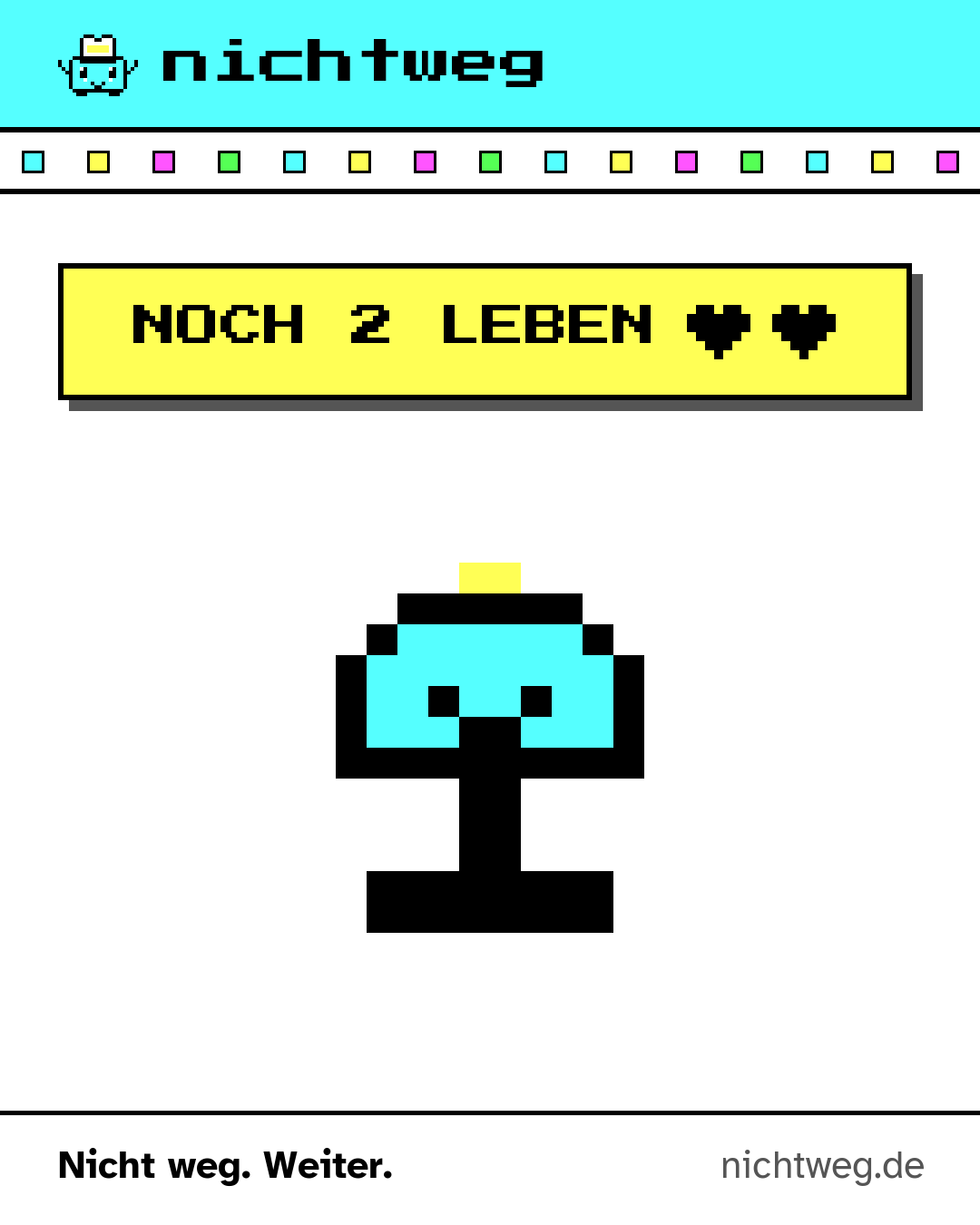 Eine Pixel-Lampe unter der Anzeige „Noch 2 Leben“ mit zwei Herzen.